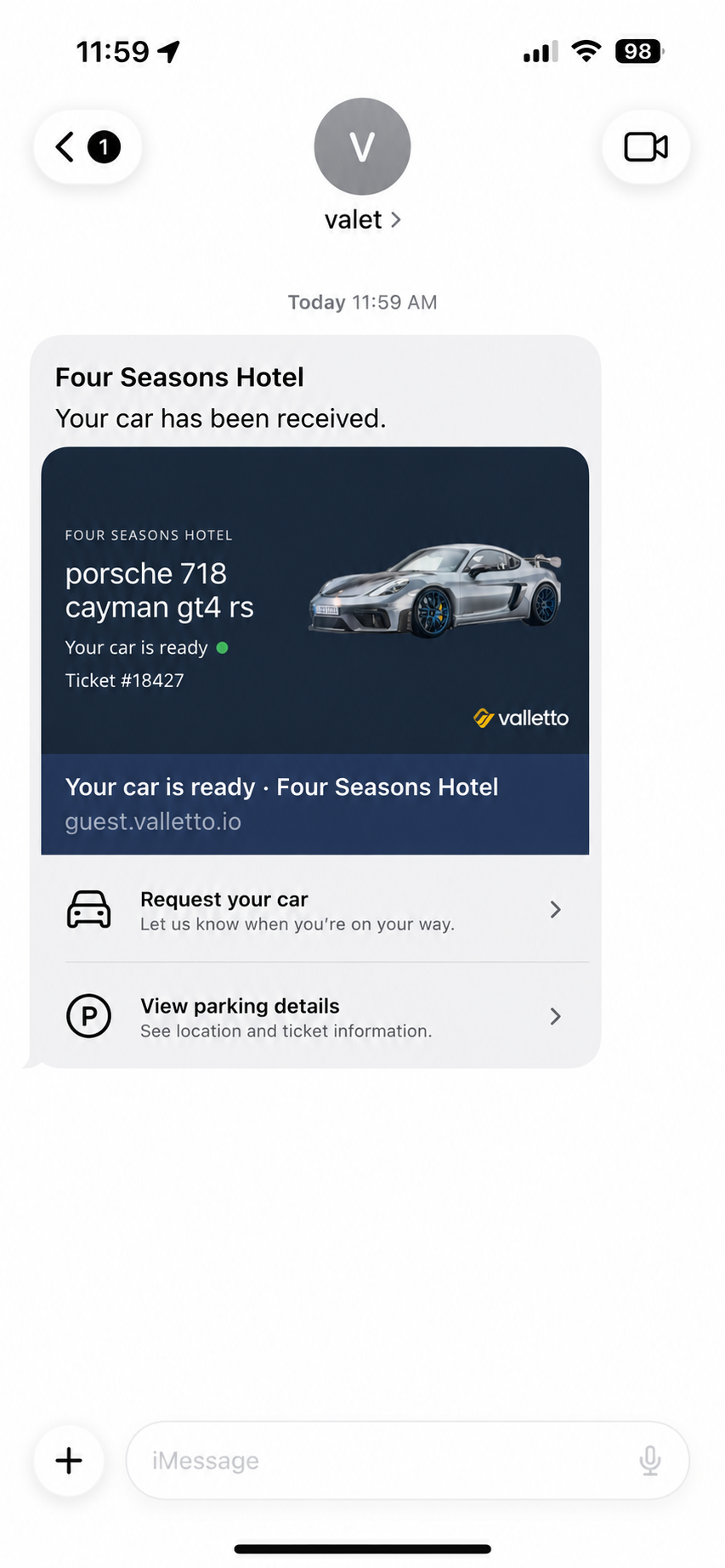 iPhone SMS thread from a hotel valet — "Your car has been received" with a rich preview showing the Four Seasons logo, the guest's Porsche, ticket number, and Request your car / View parking details actions