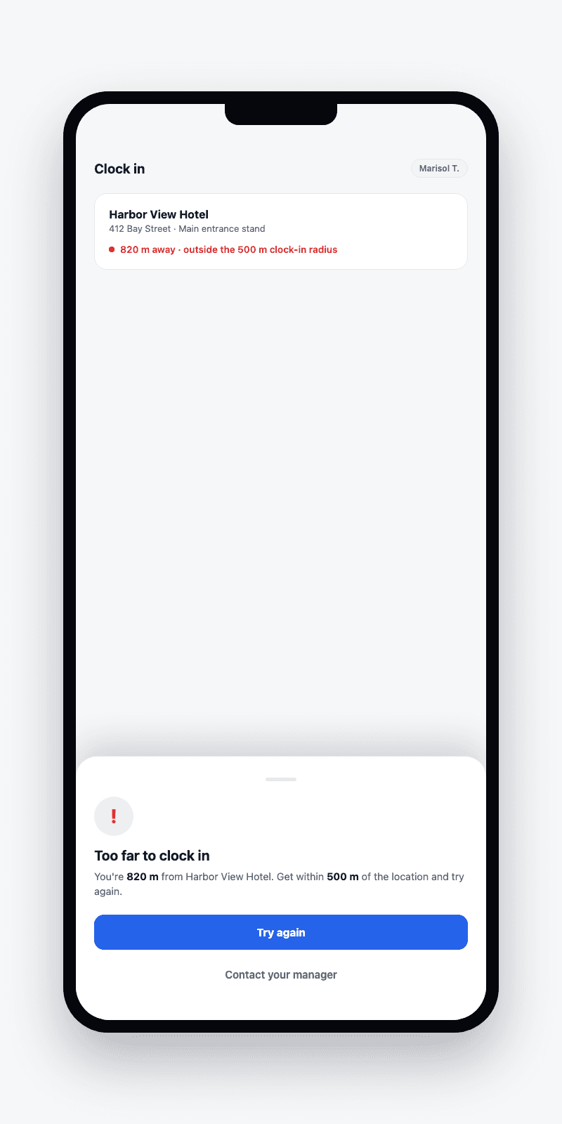 A phone screen showing the Valletto valet app's clock-in screen for a blocked punch: the location card reads 820 meters away, outside the 500 meter clock-in radius, and a bottom sheet titled Too far to clock in explains the distance and offers to try again or contact a manager.
