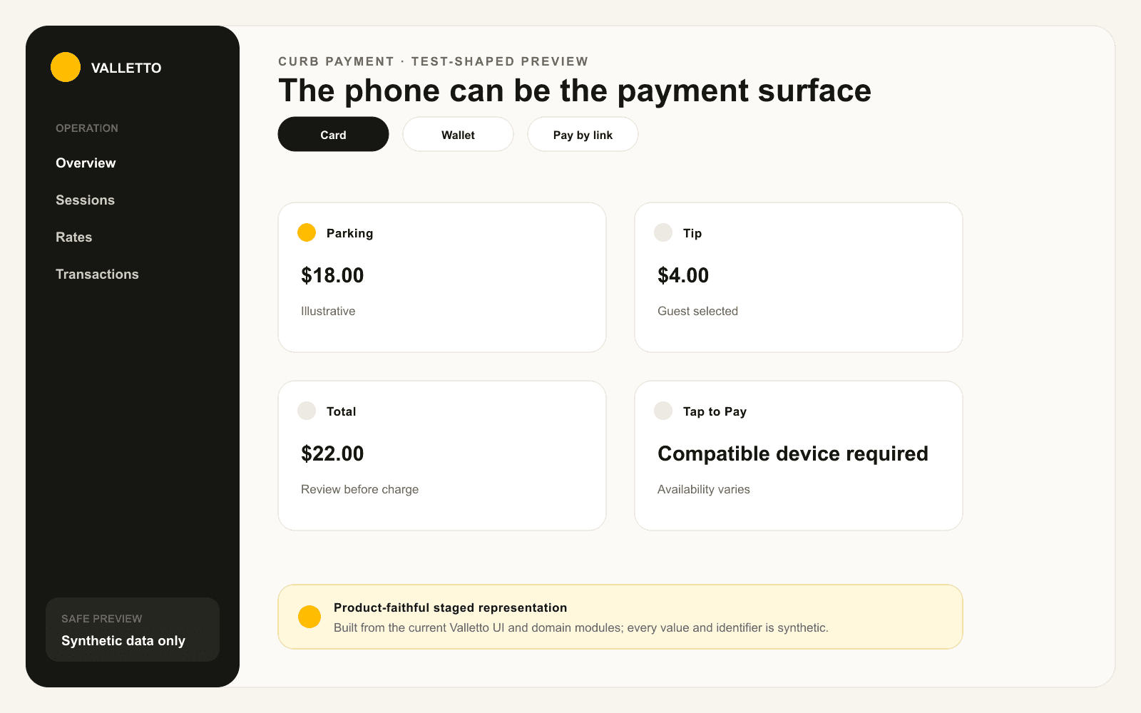 Staged curb payment view with illustrative parking and tip amounts, a reviewed total, and a Tap to Pay compatibility notice.