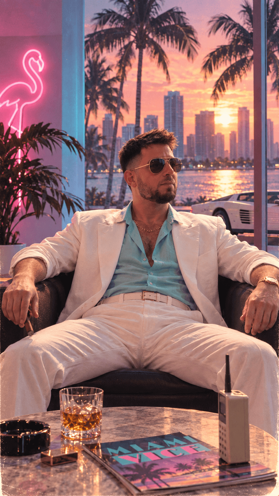 Adam Lior seated with the Miami skyline behind him